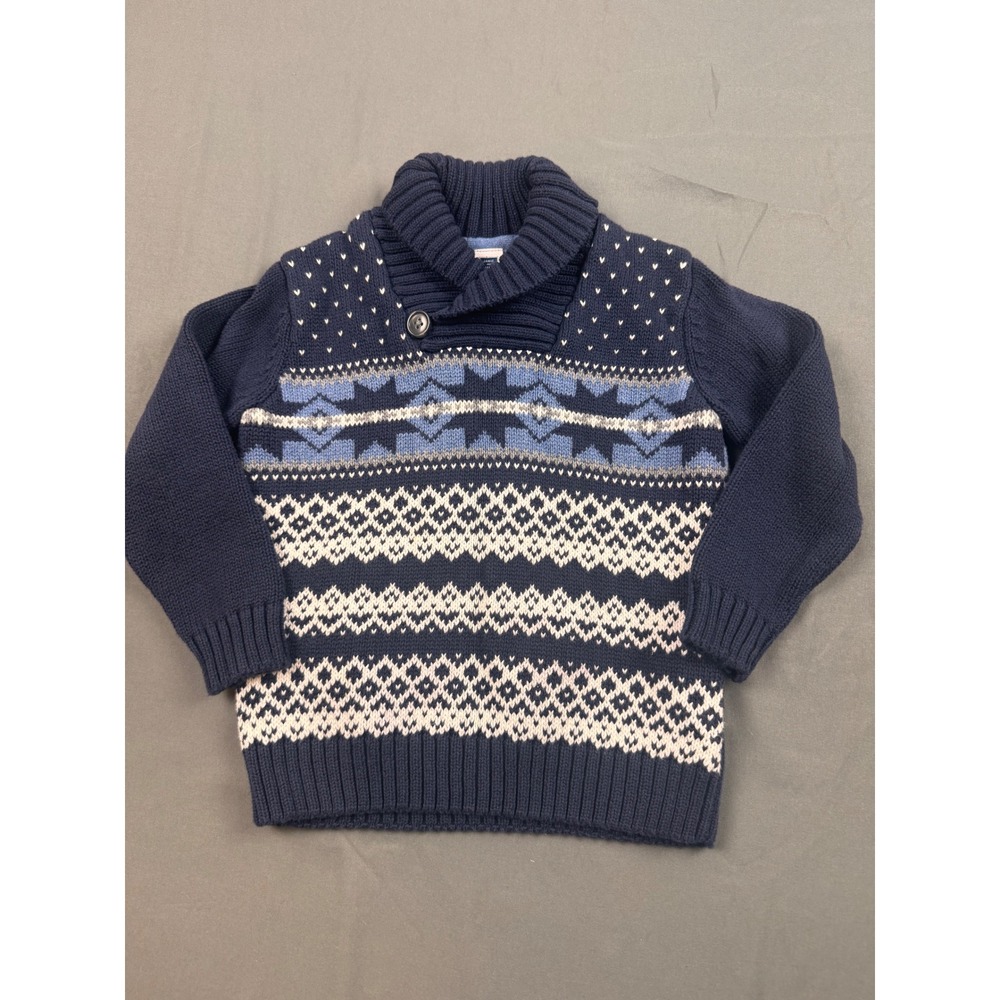 Janie and Jack Boys Navy Blue Fair Isle Shawl Collar Cotton Sweater Size 3